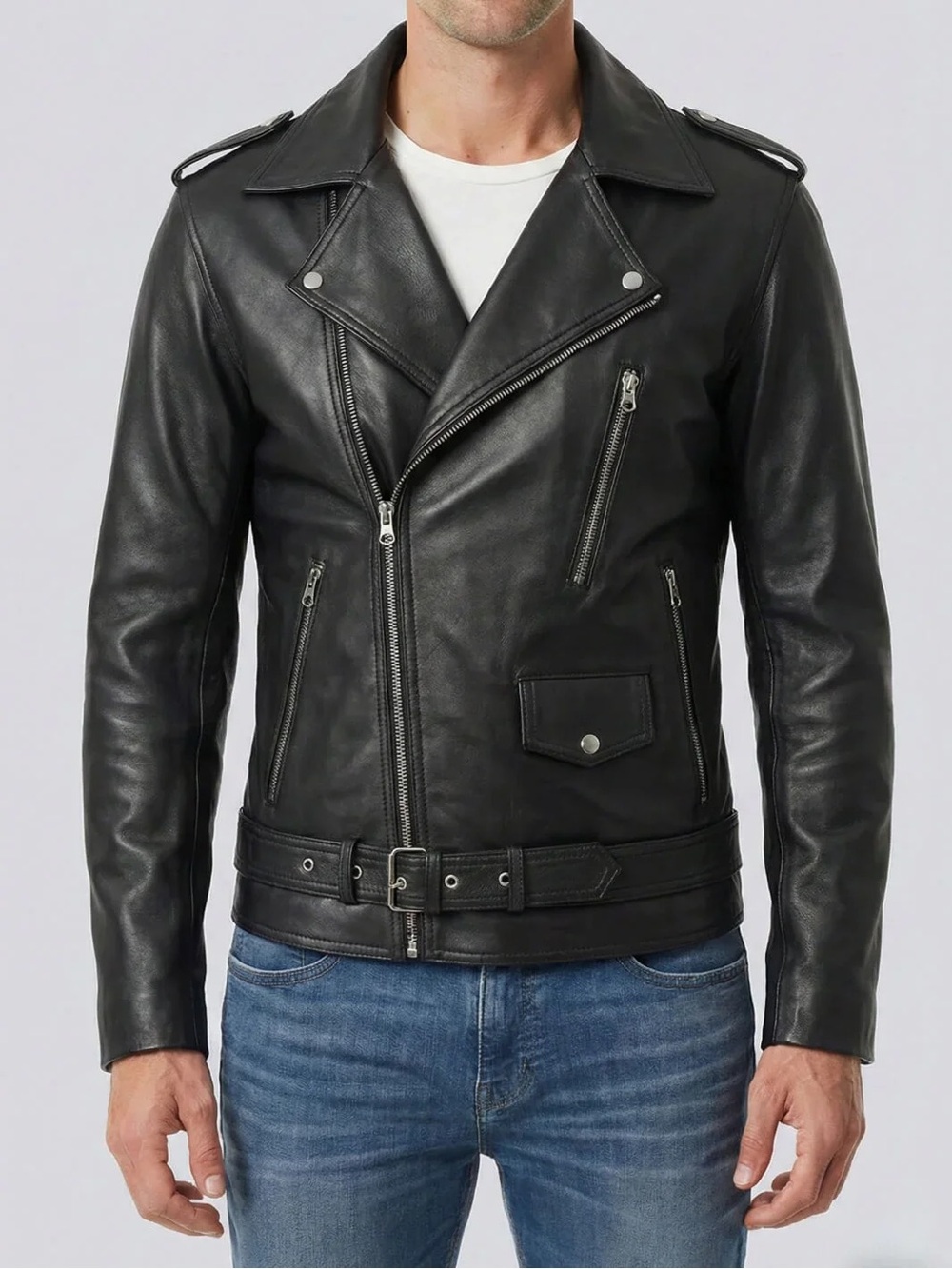 Real leather MEN'S BLACK LAMBSKIN ASYMMETRICAL BIKER JACKET — BELTED
